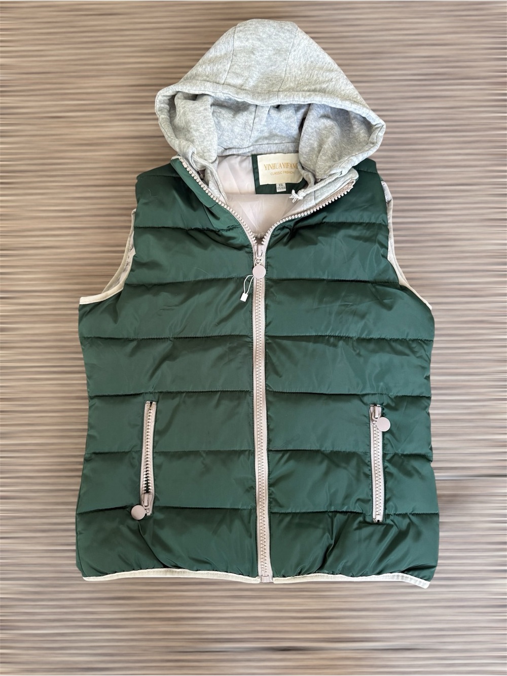 Vineyard Vines Forest Green Quilted Hooded Puffer Vest with Gray Hood